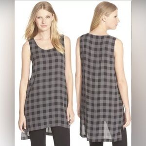 EILEEN FISHER Silk Buffalo Check Printed Tunic Dress Sleeveless Black Grey Small